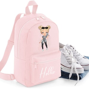 Personalised Character Girl Backpack Rucksack Bag, Your Name, Girls Gift, Birthday Flower Girl Present Glitter, Rose Gold Back to School