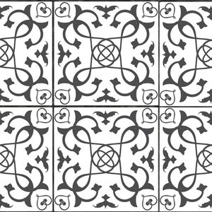 May include: A black and white tile pattern with a repeating design of stylised floral motifs. The pattern is symmetrical and features intricate details.