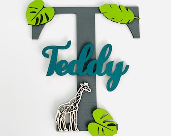 Personalised Jungle Wooden Name Sign, Bedroom Door Plaque, Toy Box Sign, Nursery Wall, Initial, Decor, Wooden Letter, Gift Boy or Girl