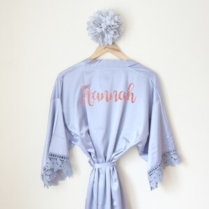Personalised Lace Bridal Party Wedding Satin Silk Robe Rose Gold Glitter Name Dressing Gown Kimonos Bridesmaid Gifts, Maid of Honour, Floral