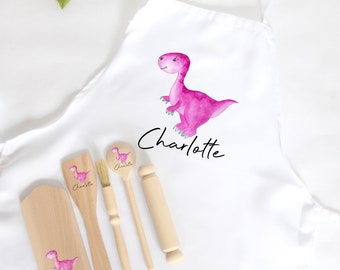 Personalised Kids Dinosaur Baking Set, Children's Kit, Apron, Your Name, Wooden Spoon Rolling Pin Pasty Brush,Stocking Filler,Christmas Gift