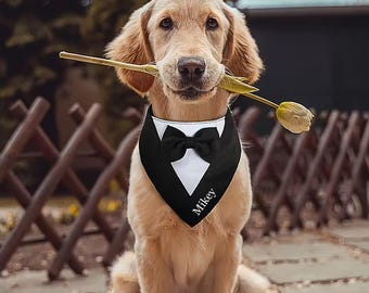 Personalised Dog Pet Tuxedo, Suit, Outfit, Your Name, 3 Sizes, Wedding, Birthday, Ring Bearer Dog, Puppy, Bandana, Bow Tie, Wedding Attire