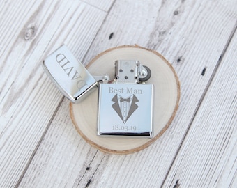 Personalised Engraved Best Man Groomsman Lighter Gift Father of Bride Wedding Present Smokers gift Your Name Tux Grooms Box