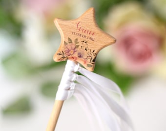 Baguette de fille de fleur personnalisée, baguettes de cœur d’étoile en bois, fée arc-en-ciel, remplissage de sac de fête, danse, remplissage de bas, cadeau pour fille, floral