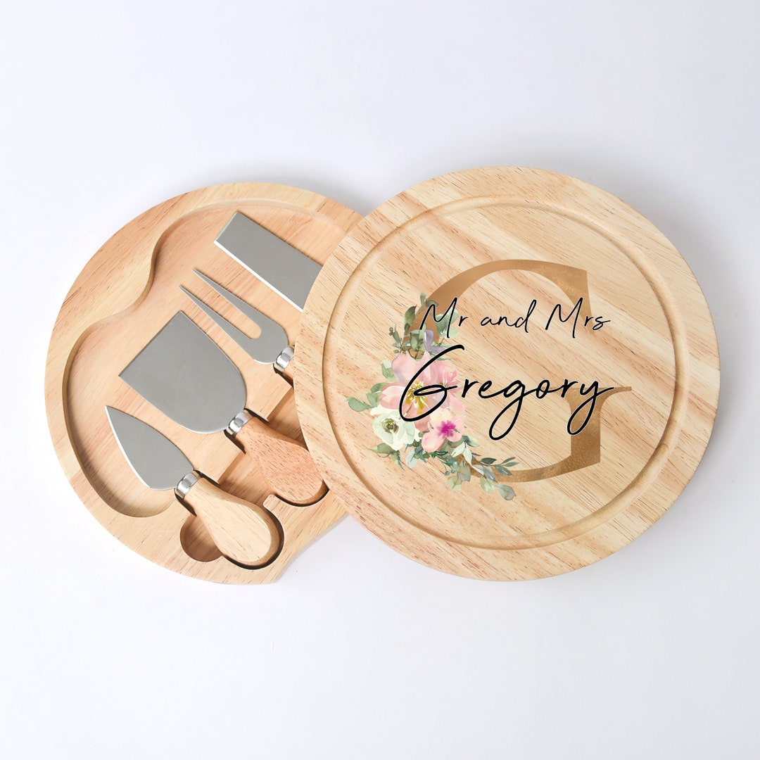 Personalised Wooden Cheese Board & Tools Gift Set, Rose Gold Wedding