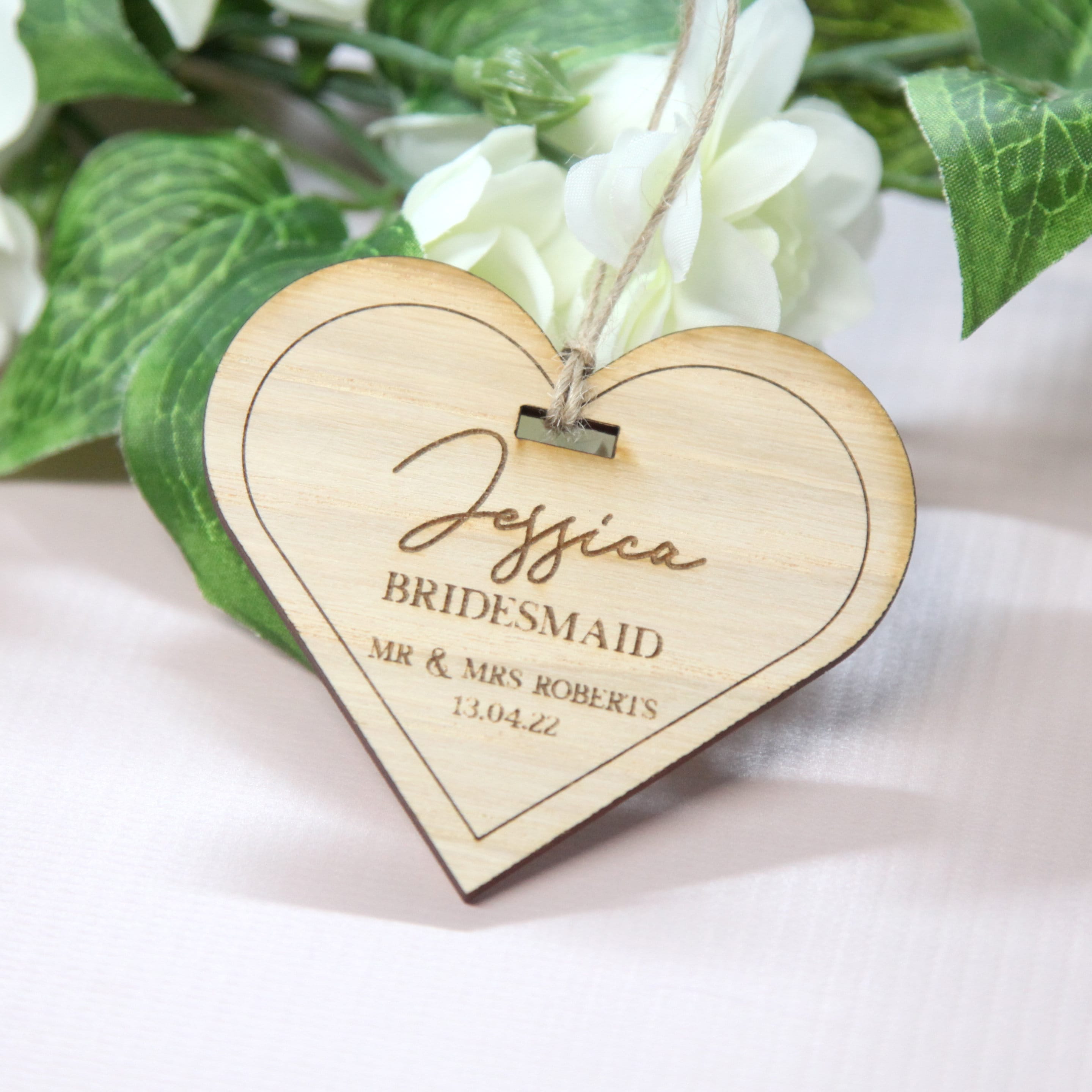 Personalised Bridal Coat Hanger Tag Wedding Party Wooden Heart Keepsake Engraved 