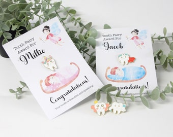 Personalised Tooth Fairy Enamel Pin Badge, Card, Lost Tooth Gift, Receipt, Certificate, Gold Coin, Tooth Fairy Box, Keepsake, Award, Pouch