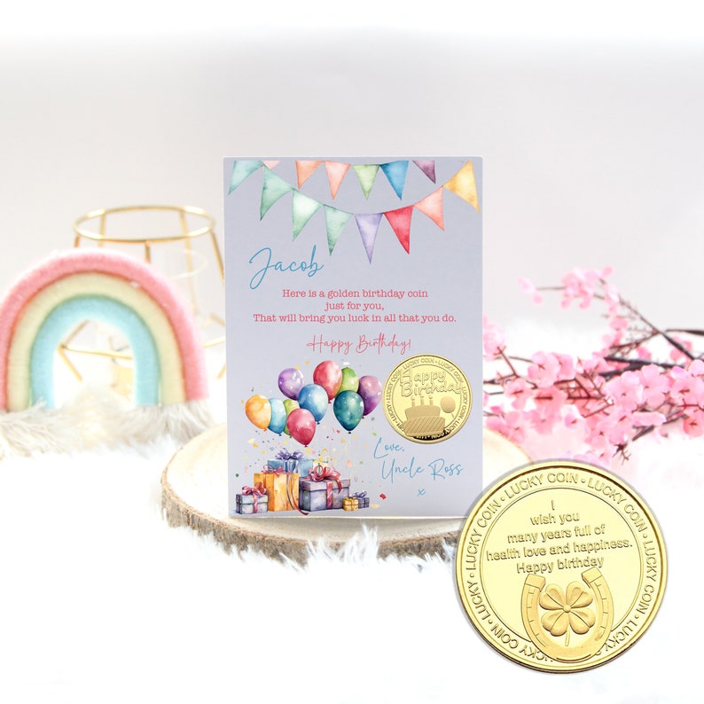 Personalised Birthday Card With Gold Coin, Medal, Token Gift, Balloons ...