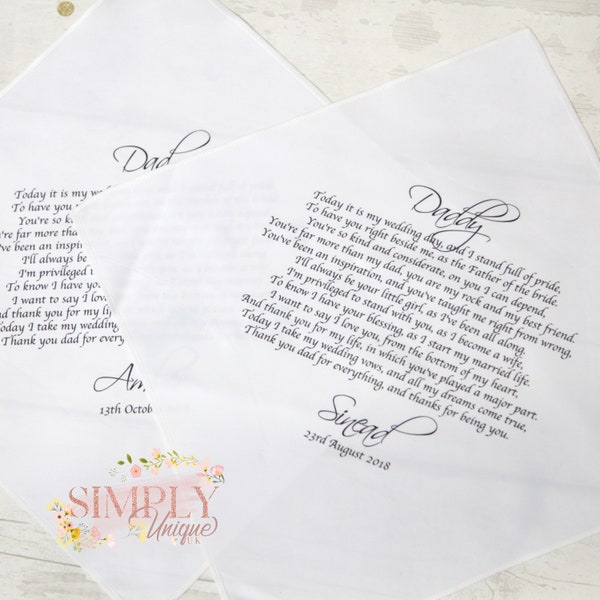 Personalised Father Of The Bride Groom Handkerchief Gift Wedding Present Keepsake