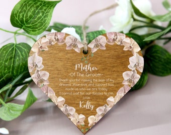 Personalised Mother of the Groom Wooden Heart, Hanging Sign Decoration, Plaque, Printed Thank you Gift, Wedding, Keepsake, Bride, Bridesmaid