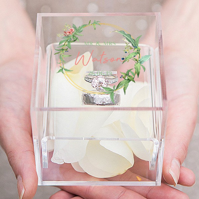 Personalised Clear Acrylic Wedding Ring Box Keepsake Ring Pillow RingBox Mr Mrs Proposal Rustic Jewellery Box Printed Bride Groom Gift