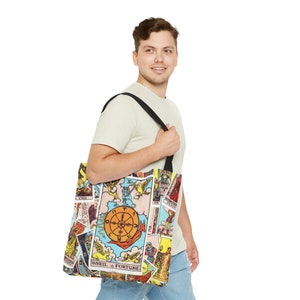 Wheel of Fortune Tarot Card Tote Bag | Witchy Celestial Boho Gift | Cotton Handles | Durable Synthetic Body | Reinforced Stitching | Large bild 3