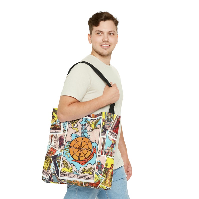 Wheel of Fortune Tarot Card Tote Bag | Witchy Celestial Boho Gift | Cotton Handles | Durable Synthetic Body | Reinforced Stitching | Large bild 3