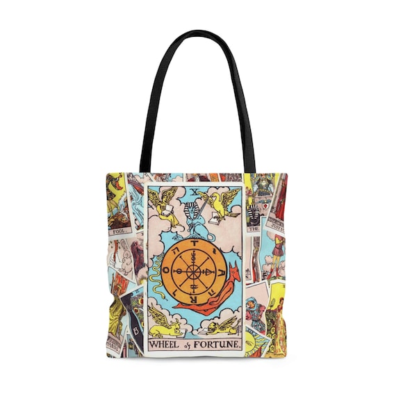 Wheel of Fortune Tarot Card Tote Bag | Witchy Celestial Boho Gift | Cotton Handles | Durable Synthetic Body | Reinforced Stitching | Large