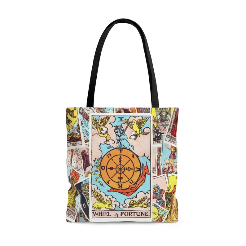 Wheel of Fortune Tarot Card Tote Bag | Witchy Celestial Boho Gift | Cotton Handles | Durable Synthetic Body | Reinforced Stitching | Large bild 1