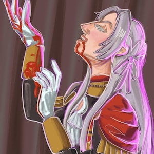May include: Digital illustration of a person with gray hair and a red and gold outfit, looking upwards with blood on their face and hands. They are wearing white gloves and a bow in their hair. The background is a dark brown.