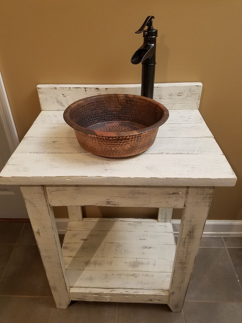 Nautical Whitewashed Barn Wood Vanity W Copper Vessel Sink And Oil Rubbed Bronze Faucet