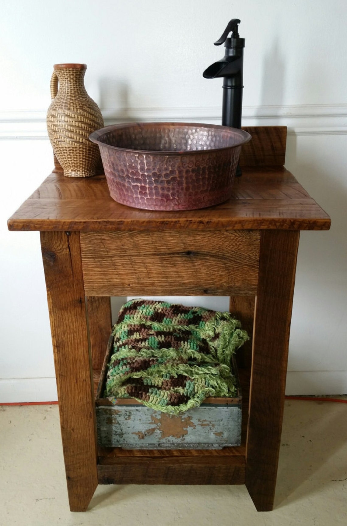 Rustic Barn Wood Mini Vanity With Hammered Copper Vessel Sink Etsy