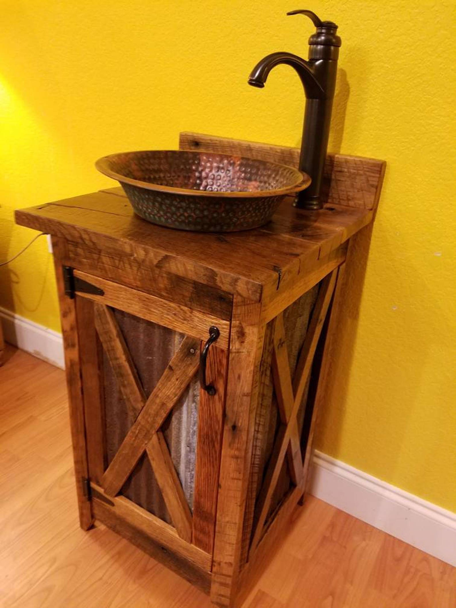 Rustic Barn Wood and Tin Vanity with Hammered Copper Vessel Etsy