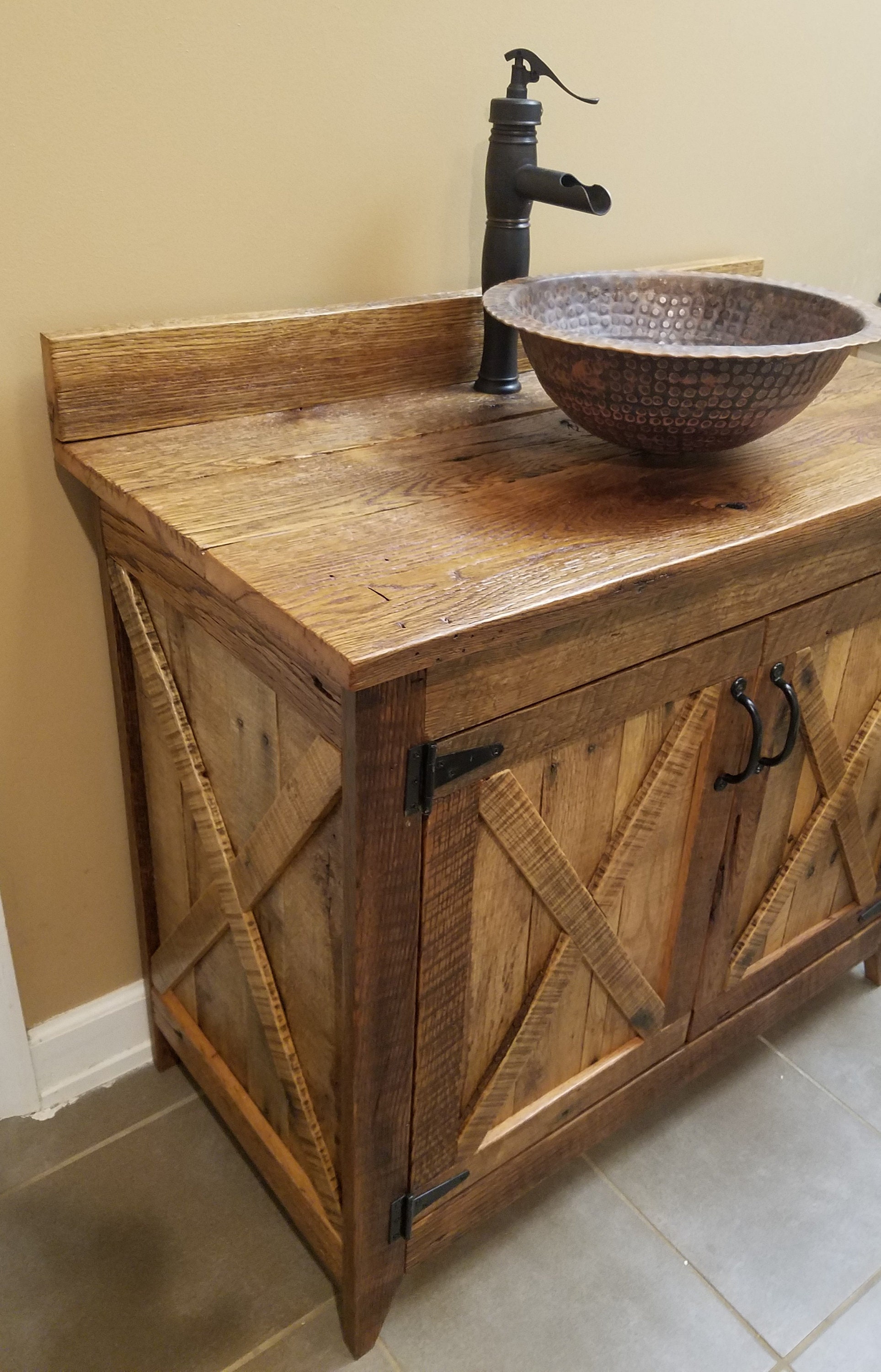 Rustic Barn Wood Vanity With Vessel Sink and Waterfall Faucet - Etsy, image size:1927x3000