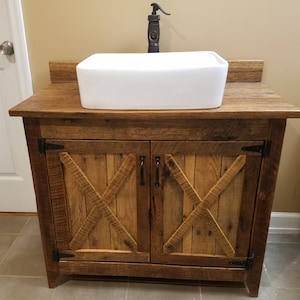 Rustic Barn Wood Vanity with Vessel Sink and Waterfall Faucet
