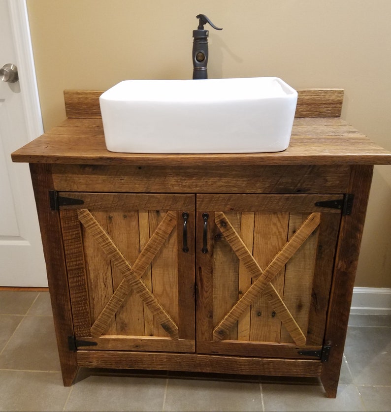 Rustic Barn Wood Vanity With Farm Style Vessel Sink And Waterfall Faucet