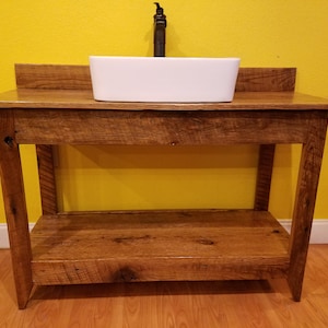 Rustic Barn Wood Vanity with Farm Style Vessel Sink and Bronze Faucet