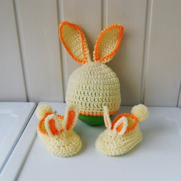 Booties and hats, children's hats, knitted Bootees, knitted hat, booties baby, Hat baby, baby gift, "bunny", ready to ship