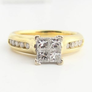 Anello di fidanzamento Vintage Princess Cut Cluster - Oro giallo 14 carati