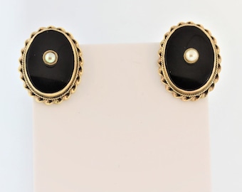 60s Onyx And Pearl Oval Clip-on Earrings- 14k Yellow Gold