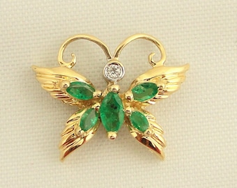 Antique Emerald And Diamond Butterfly Pendant-14k Yellow Gold