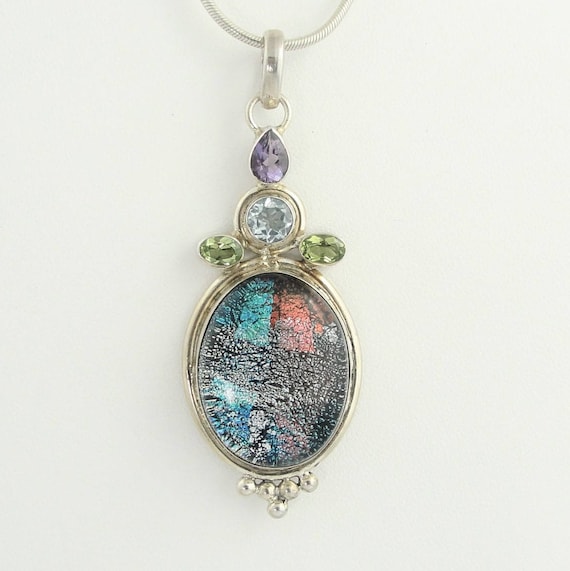 Retro Style Colored Stones and Glass Pendant- Ste… - image 2