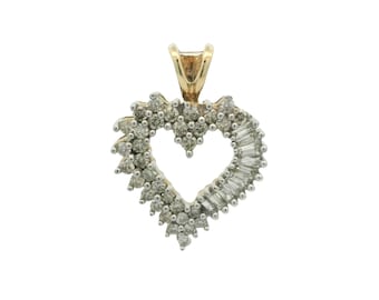 May include: A gold heart-shaped pendant with a diamond halo and baguette diamonds around the edge.