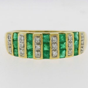 Emerald Diamond Gold Wedding Band- 14k Yellow Gold Band - May Birthstone