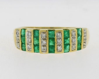 Emerald Diamond Gold Wedding Band- 14k Yellow Gold Band - May Birthstone