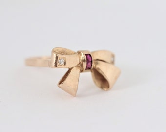 Vintage Ruby and Diamond Bowtie Ring In 14K Rose Gold