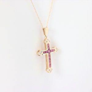 Ruby and Diamond Cross Pendant In 14K Yellow Gold