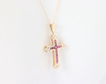 Ruby and Diamond Cross Pendant In 14K Yellow Gold