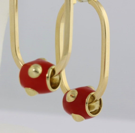 Red Enamel Hoop Earrings, 14k Gold Hoop Geometric… - image 1