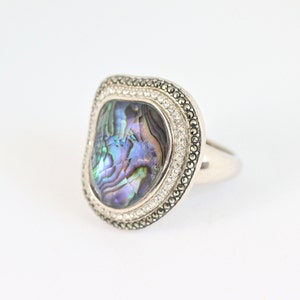 Vintage Abalone Ring With Black And White Diamonds In Sterling Silver