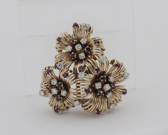 Antique Ruby Diamond Flower Pin Brooch- 18k Yello… - image 5