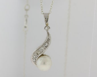 Pearl Diamond  S Shaped Design Pendant - 14k White Gold