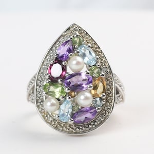 Pear Shape Halo Multi-color stone Ring in Sterling Silver