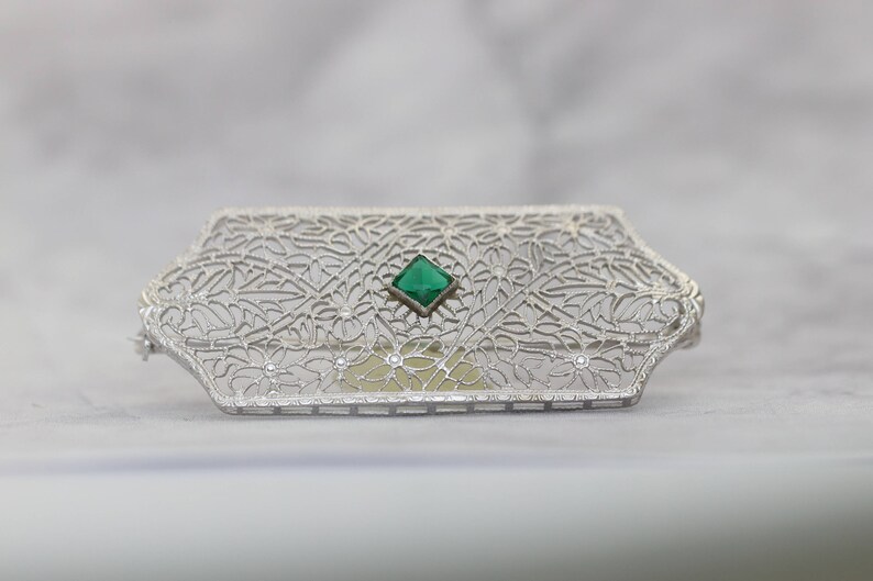 Antique Art Deco Tourmaline Brooch Pin-14k White Gold