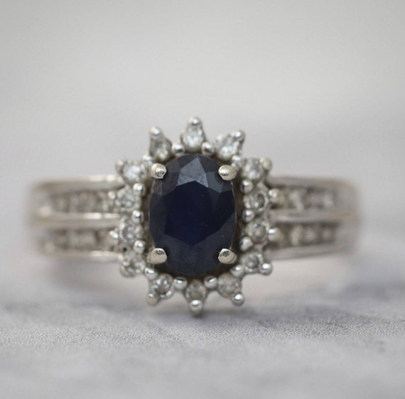 Vintage Sapphire Diamond Floral Halo Ring- 14k Wh… - image 1