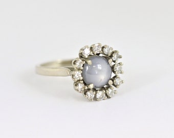 Vintage Star Sapphire and Diamond Ring In 14K White Gold
