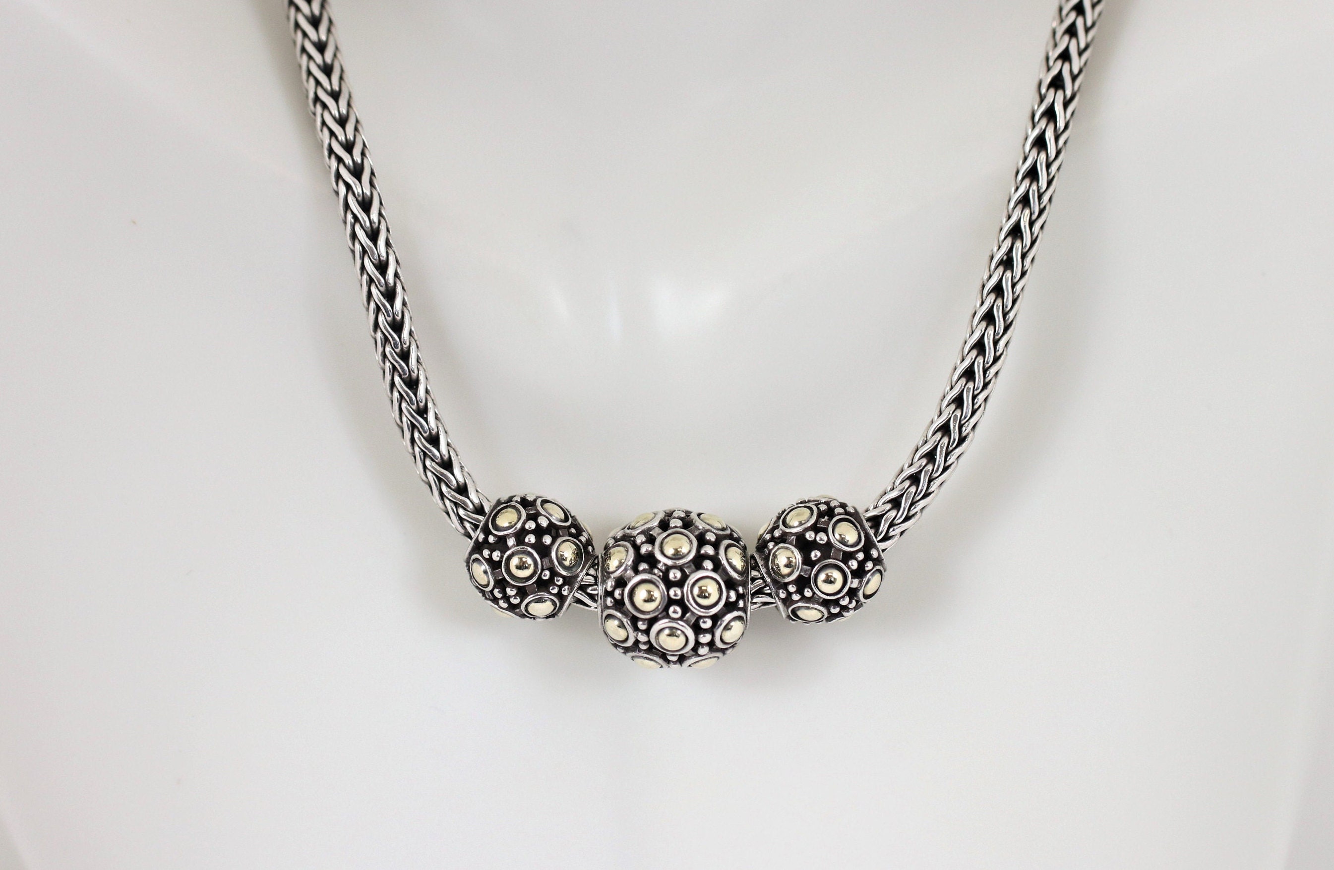 Vintage John Hardy Jaisalmer Trio Ball Necklace In 18K Yellow Gold and Sterling Silver