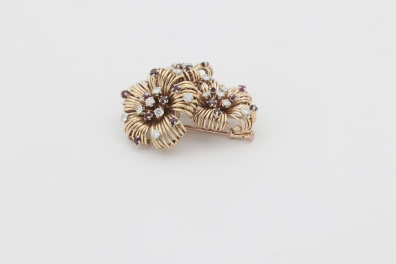 Antique Ruby Diamond Flower Pin Brooch- 18k Yello… - image 3