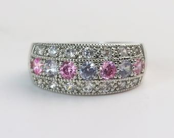 Sterling Silver Triple Row Cluster Amethyst & Pink CZ Ring