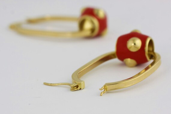 Red Enamel Hoop Earrings, 14k Gold Hoop Geometric… - image 5